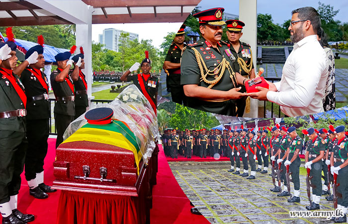 අභාවප්‍රාප්ත බ්‍රිගේඩියර් ඩබ්ලිව්.වී.එස් බොතේජු (විශ්‍රාමික) RWP RSP psc ජ්‍යෙෂ්ඨ නිලධාරිගේ දේහය පිළිබඳ අවසන් කටයුතු යුද්ධ හමුදා ගෞරවාචාර මධ්‍යයේ සිදුකරයි