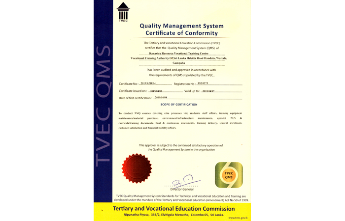 TVEC-Recognized QMS Certificate of Conformity Awarded to Ranaviru Vocational Training Centre